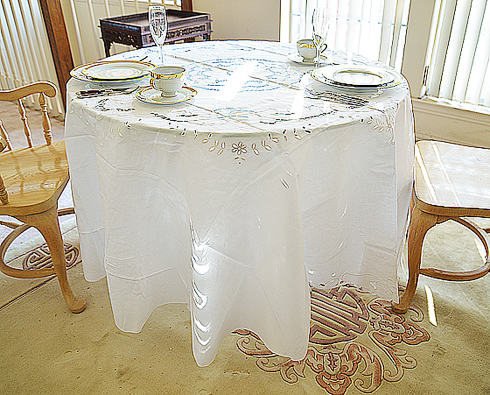 Extra Fancy Embroidery with Cutworks. 90" Round Tablecloth.White